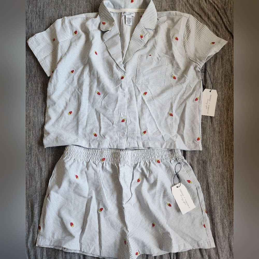 Striped Pajama Set with Strawberries. Embroidery